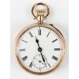 A gold cased keyless wind open-faced lady's fob watch with unsigned gilt jewelled lever movement,