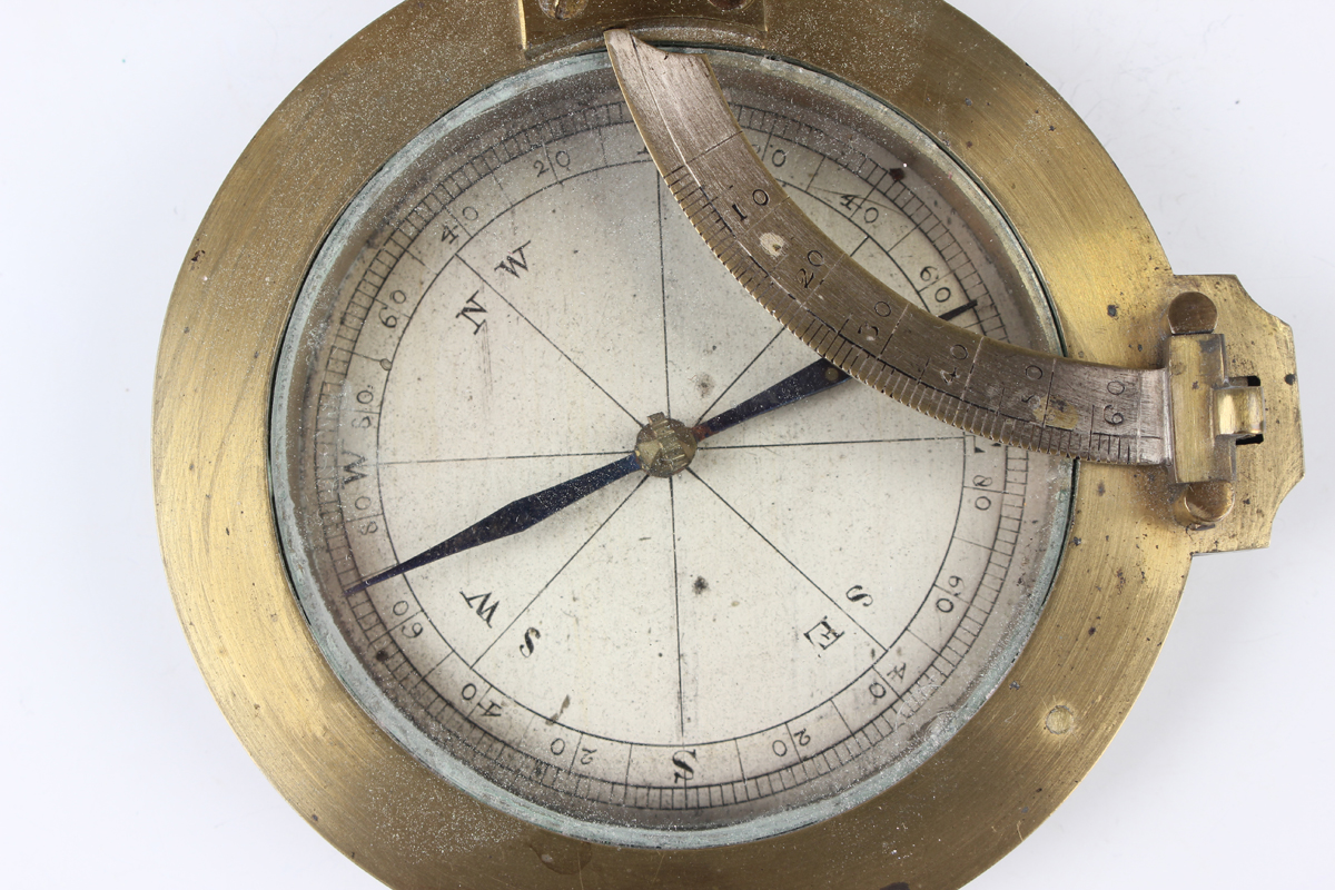 A 19th century brass equinoctial pocket sundial, the brass circular base with glazed silvered - Image 3 of 5