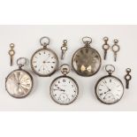 A silver cased keywind open-faced gentleman's pocket watch, the engine turned silvered dial with