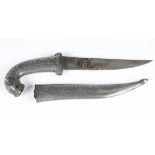 A 20th century Indo-Persian dagger with curved blade, blade length 17cm, detailed with damascened