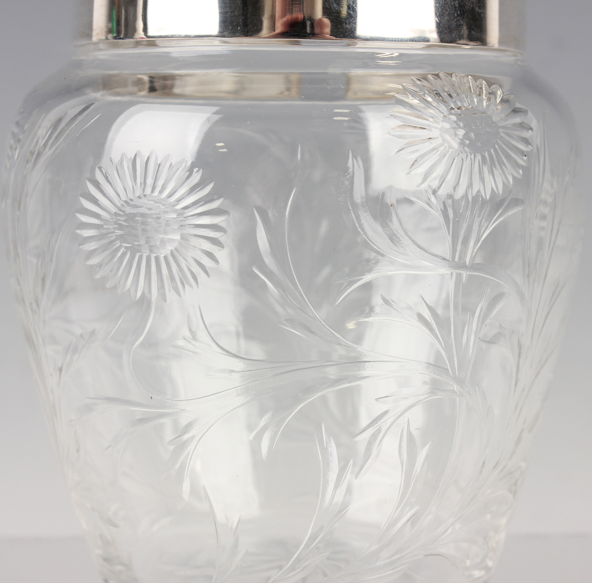 A George V silver lidded and Stourbridge glass preserve jar, the foliate capped lid with knop finial - Image 6 of 7