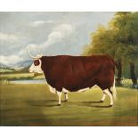 British School - A Hereford Cow in a Landscape, 19th century oil on canvas laid onto board, 49.5cm x