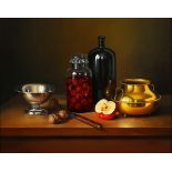 Andras Gombar - Still Life with Bottles, Walnuts, Knife, Apple and Bowls, and Still Life with
