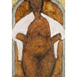 John Emanuel - 'Standing Figure', oil on gold leaf paper, signed, titled and dated 1988 and labels