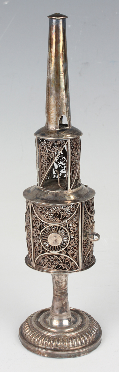 A 19th century Continental Judaic silver spice tower of stepped tapering form with filigree