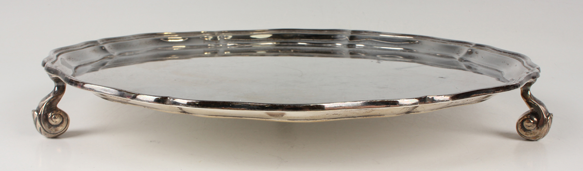 A George VI silver circular salver with piecrust rim, raised on scroll legs, Chester 1937 by S. - Image 3 of 3