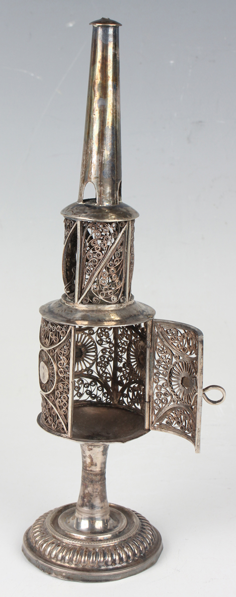 A 19th century Continental Judaic silver spice tower of stepped tapering form with filigree - Image 3 of 3