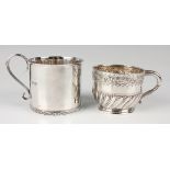A George V silver cup of cylindrical form with scroll handle, cast with lattice decoration to handle