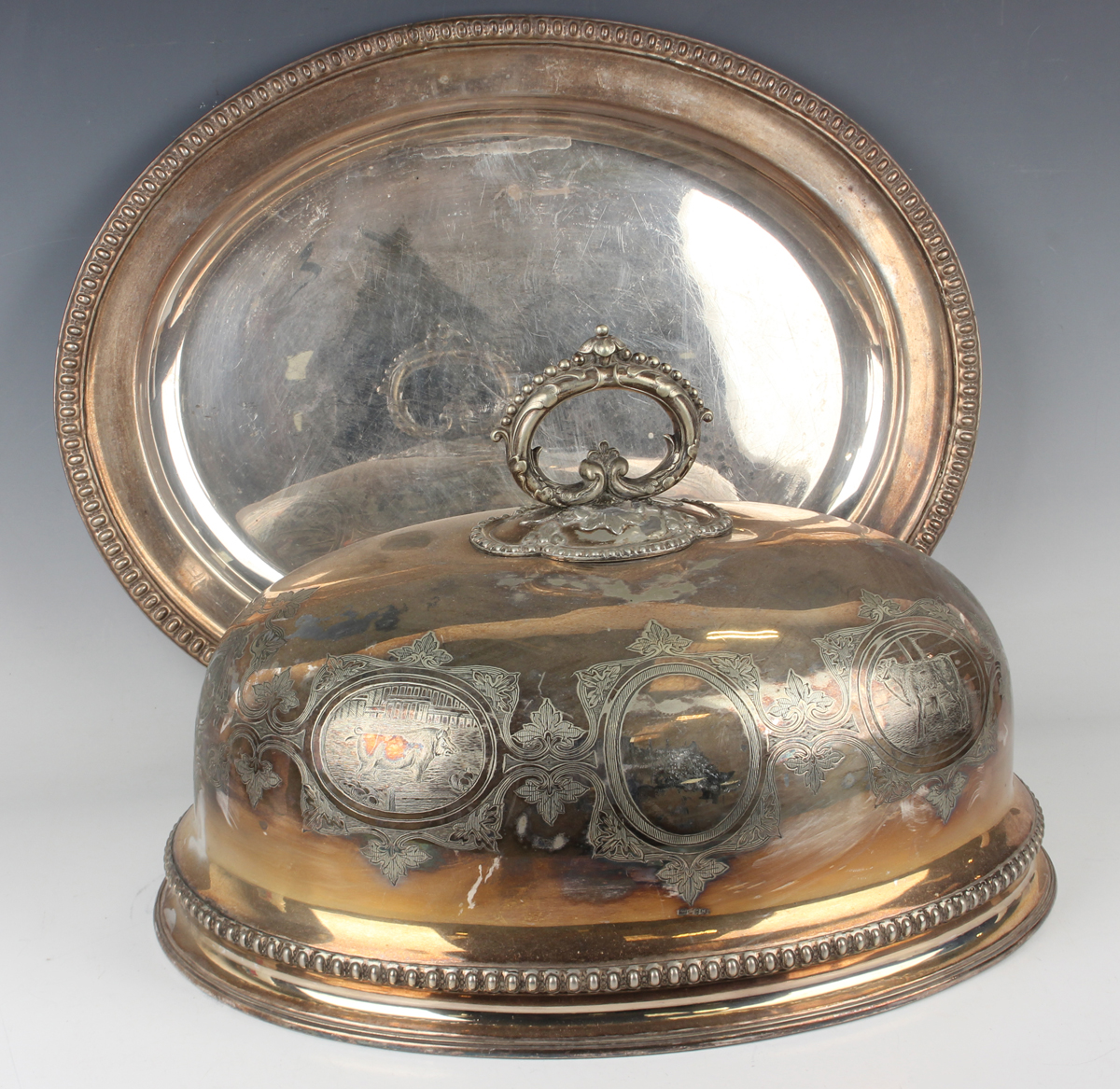 A Victorian plated meat dome with detachable scroll and beaded handle and oval meat dish, the dome - Image 2 of 7