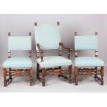 A set of six early 20th century Carolean Revival walnut framed dining chairs, comprising a carver,