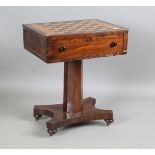 An early Victorian rosewood games table, the top inlaid with a bird's eye maple chessboard, height