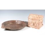 An ethnic carved wooden bowl with tab handles, width 61cm, together with a painted wooden casket,