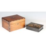 A Victorian walnut workbox with fitted interior, containing a group of small collectors' items,