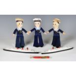 Three Queen Mary soft toy sailor dolls, two Tri-ang cast metal models of R.M.S. Queen Mary and R.M.