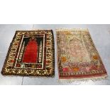 A Turkish prayer rug, early 20th century, the red mihrab within an ivory border, 124cm x 101cm,