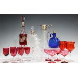 A mixed group of glassware, 19th and 20th century, including a blue flask with plated collar, height