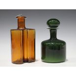 A Holmegaard green cased white opaque decanter bottle and stopper, 1980s, designed by Michael