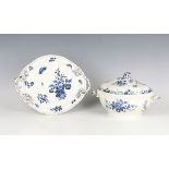 A Worcester large tureen and cover, circa 1780, of lobed oval shape, printed in underglaze blue with