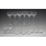 A part suite of Stuart Tamara pattern glass, including six hock, six large and three small tumblers,