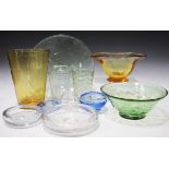 A mixed group of mostly Whitefriars glass, 20th century, including two wave-ribbed tumbler vases