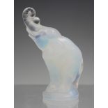 A small Art Deco Sabino opalescent glass model of an elephant, 1930s, with raised trunk, engraved '