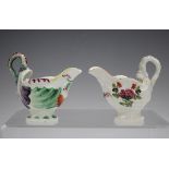 Two Worcester Dolphin Ewer cream jugs, circa 1765, the first painted with flowers, the second with