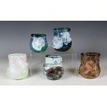 Five Isle of Wight glass 'Seasons' vases, circa 1982, each of oval baluster shape, applied with