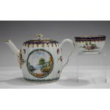 A Worcester Dalhousie type teapot and cover, circa 1785, of fluted barrel form, painted with