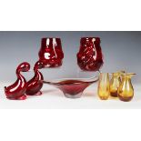 A mixed group of mostly Whitefriars glass, 20th century, including a ribbon trailed vase, height