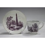 A Worcester purple printed coffee cup and saucer, circa 1765, both with scenes of Classical ruins,