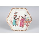 A Worcester hexagonal teapot stand, circa 1770-75, painted in Mandarin style with the Conjuror
