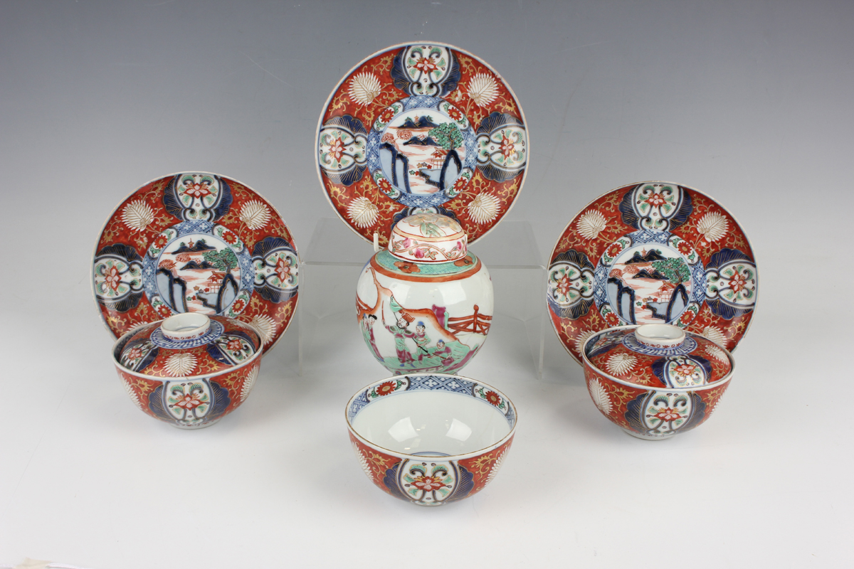 A group of three Japanese Imari porcelain bowls, two covers and three dishes, Meiji period,