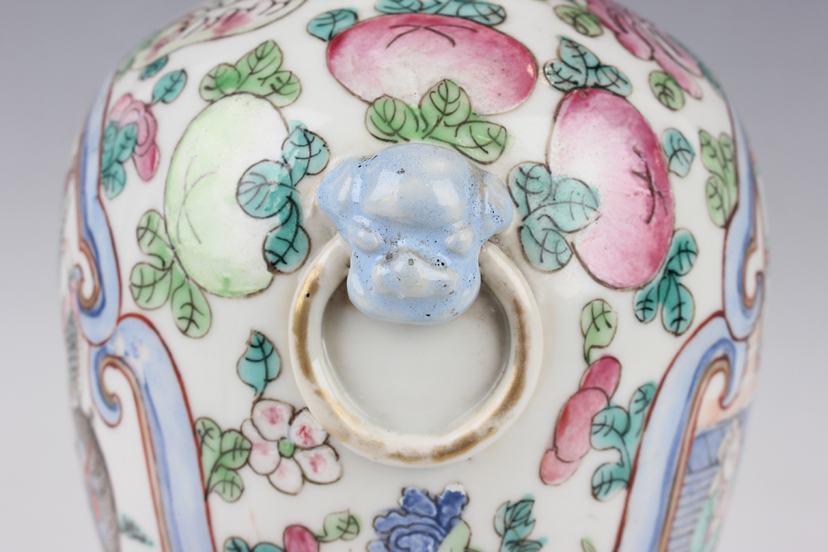 A Chinese Canton famille rose porcelain vase and cover, late 19th century, the baluster body painted - Image 10 of 20