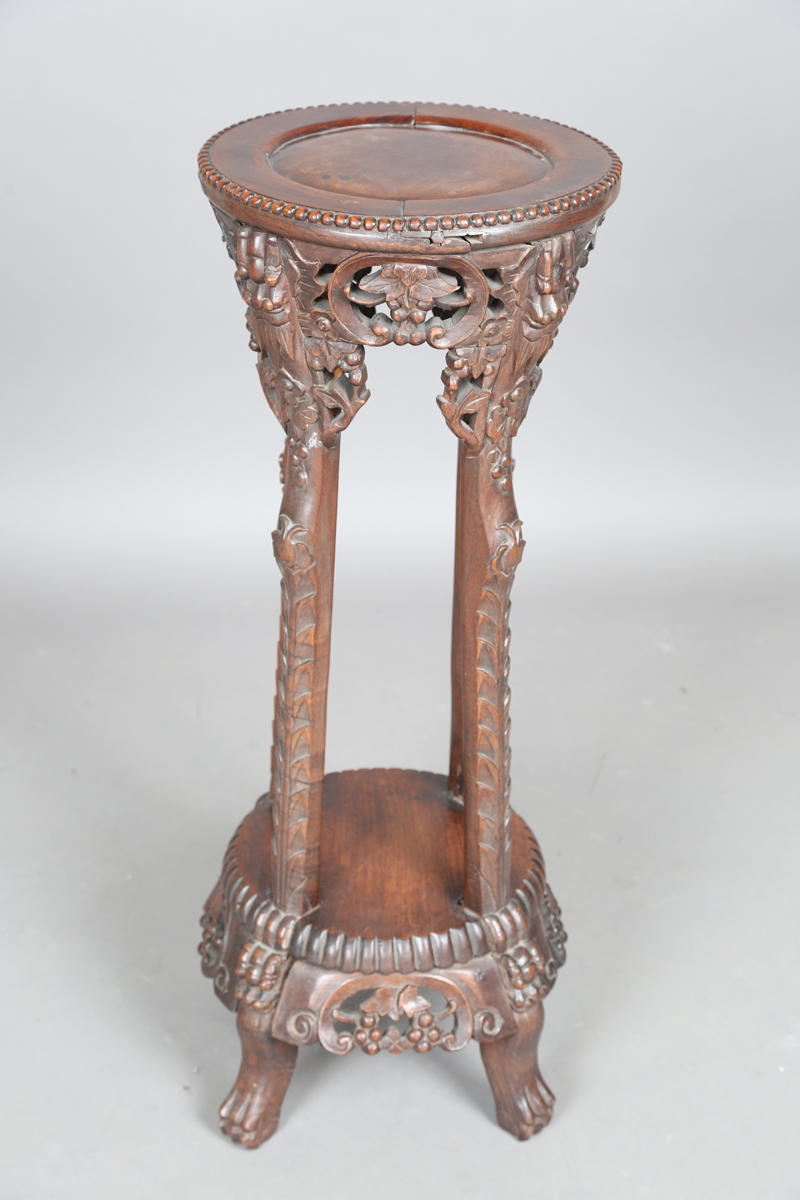 A Chinese hardwood jardinière stand, early 20th century, the circular top with beaded border above a - Image 7 of 22