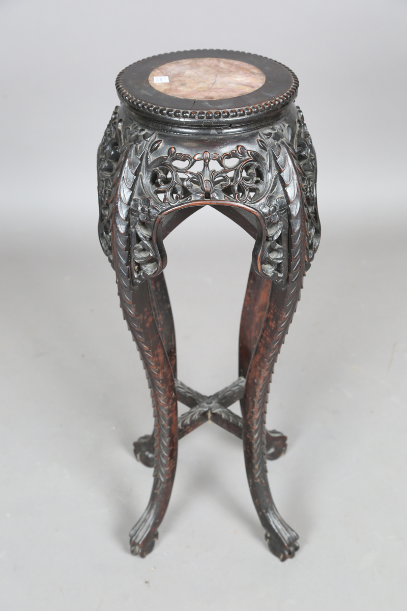 A Chinese hardwood jardinière stand, early 20th century, the circular top inset with a rouge - Image 8 of 19