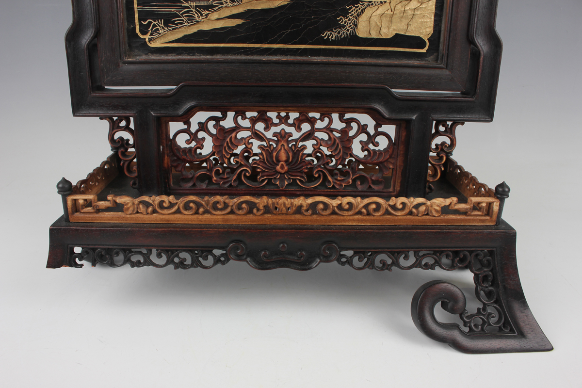 A Chinese hardwood framed cloisonné and lacquer table screen with carved hardwood and boxwood - Image 8 of 28