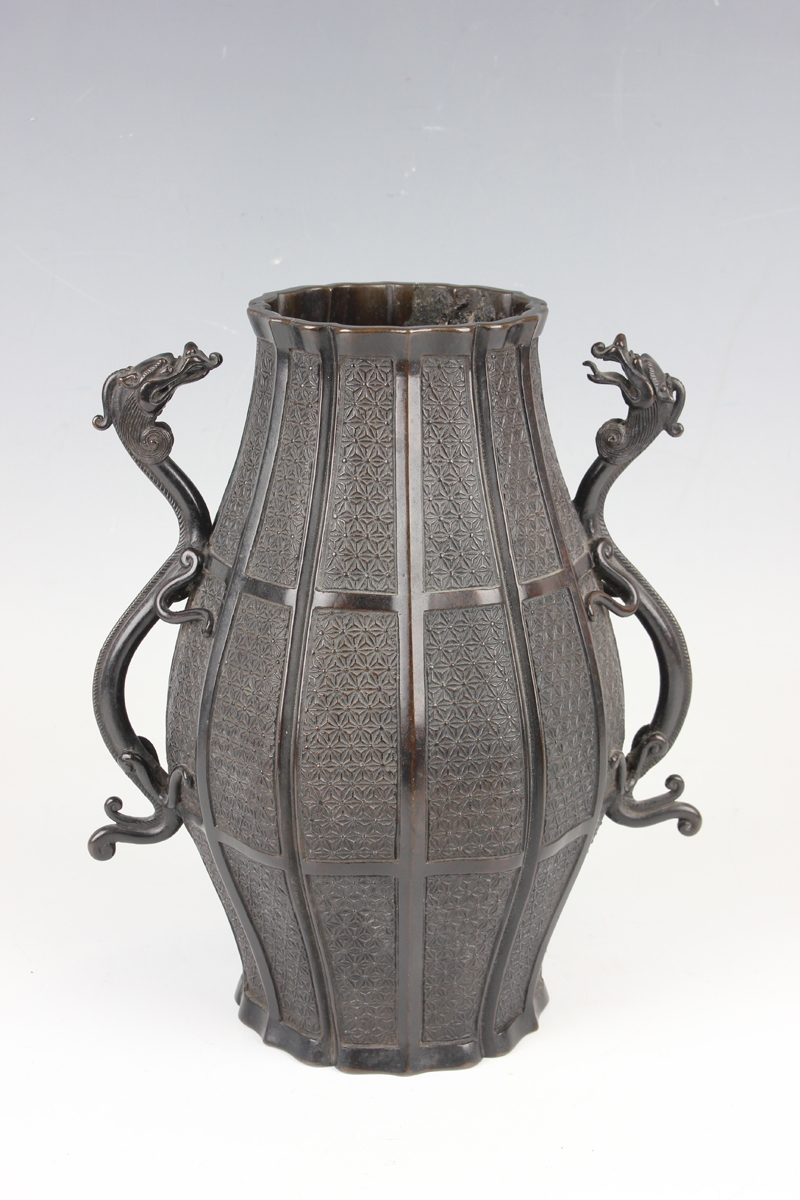 A Japanese brown patinated bronze two-handled vase, 19th century, in the Chinese style, of - Image 12 of 20