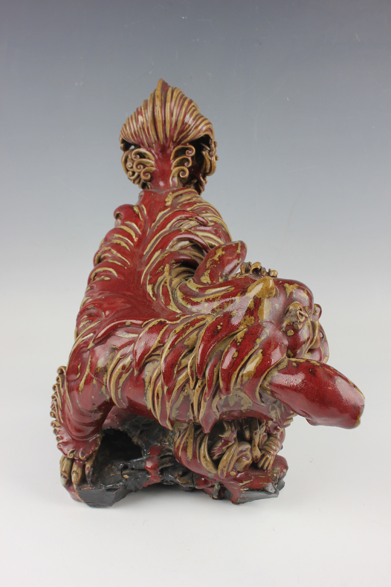 A Chinese Shiwan pottery sang-de-boeuf glazed figure group of a Buddhistic lion and playful cub, - Image 10 of 15