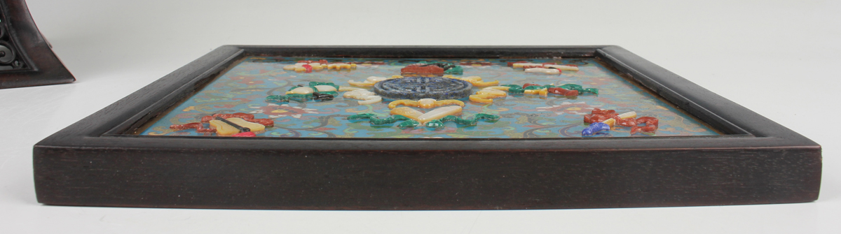 A Chinese hardwood framed cloisonné and lacquer table screen with carved hardwood and boxwood - Image 2 of 28