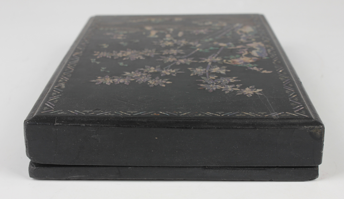 A Chinese laque burgauté rectangular box and cover, Qing dynasty, the top inlaid with two figures - Image 7 of 9