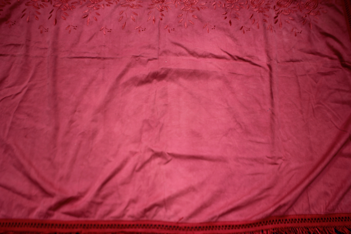 A Chinese black silk shawl, 20th century, finely worked in coloured threads with a design of - Image 3 of 26