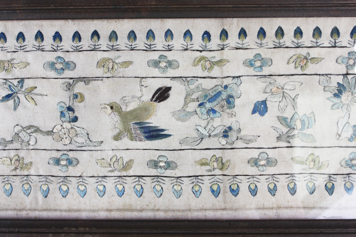 A pair of Chinese silk embroidered rectangular sleeve panels, late Qing dynasty, each worked in - Image 8 of 11