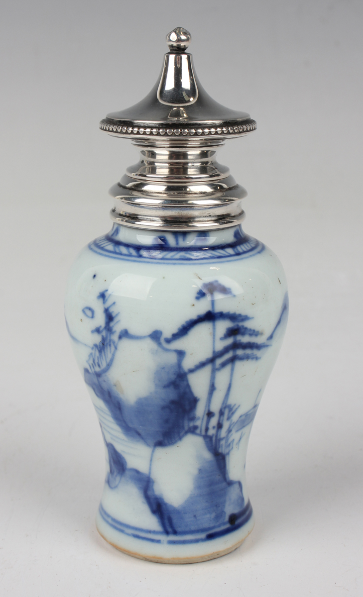 A Chinese blue and white export porcelain diminutive vase, Kangxi period with later Dutch silver