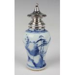 A Chinese blue and white export porcelain diminutive vase, Kangxi period with later Dutch silver