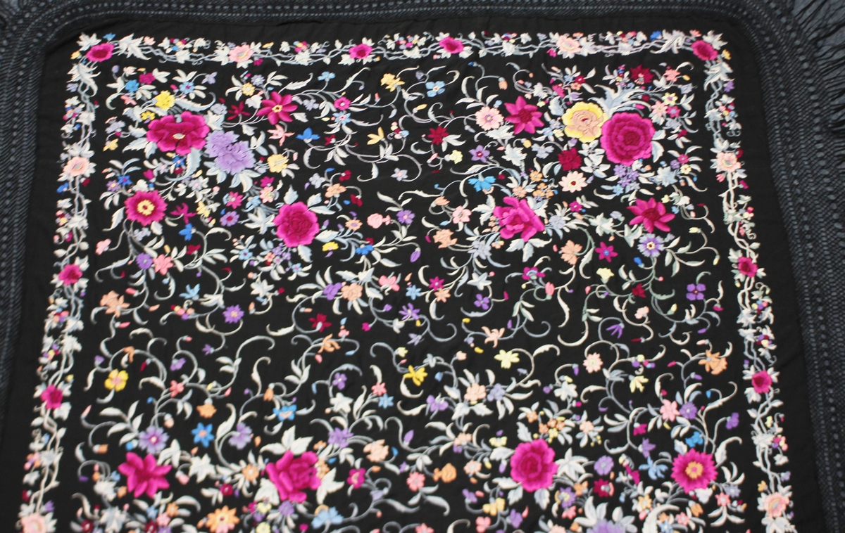A Chinese black silk shawl, 20th century, finely worked in coloured threads with a design of - Image 26 of 26