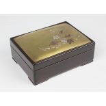 A Japanese mixed-metal inlaid bronze and hardwood rectangular box and cover, Meiji period, the top
