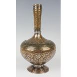 An Indian inlaid and silvered brass bottle vase, late 19th/early 20th century, the globular body and