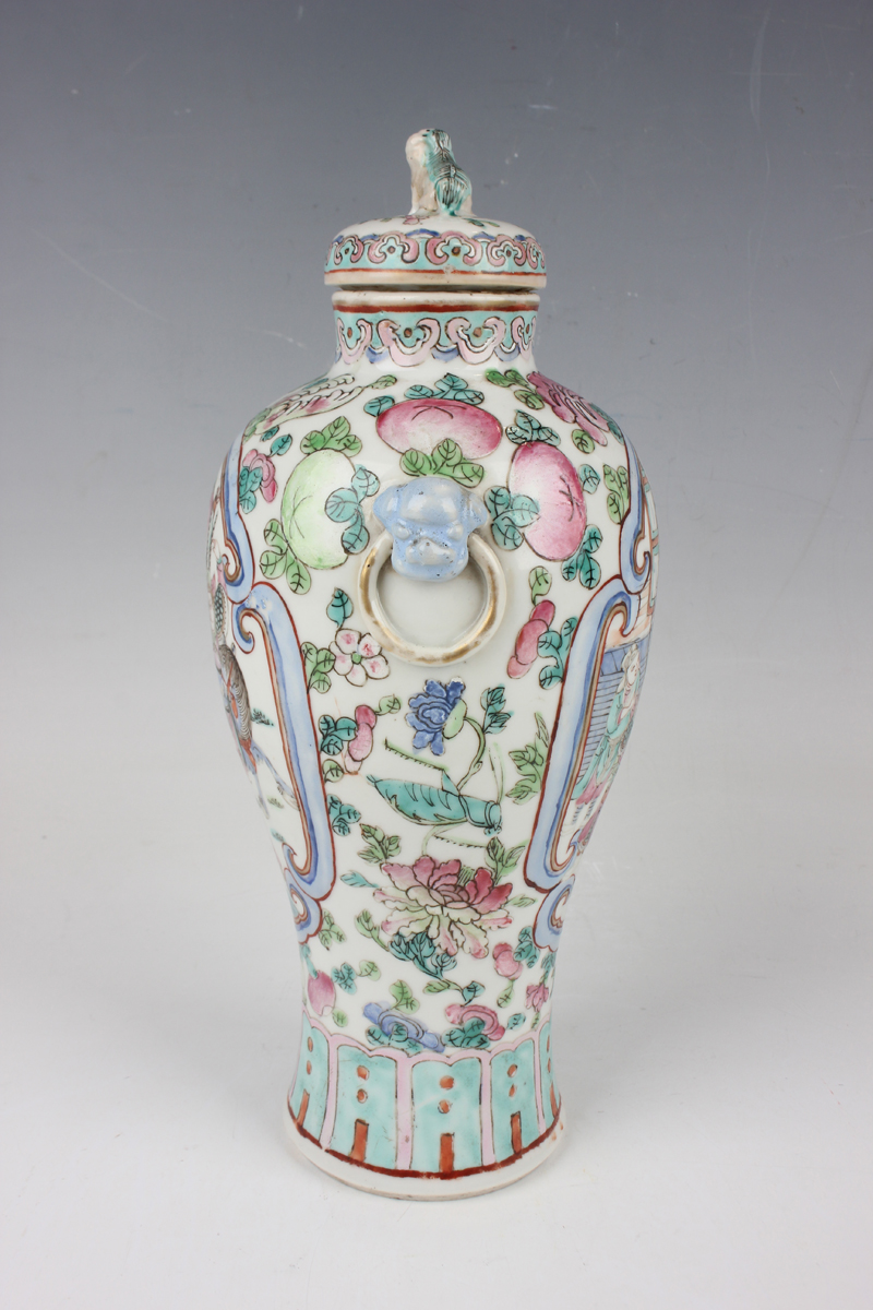 A Chinese Canton famille rose porcelain vase and cover, late 19th century, the baluster body painted - Image 20 of 20