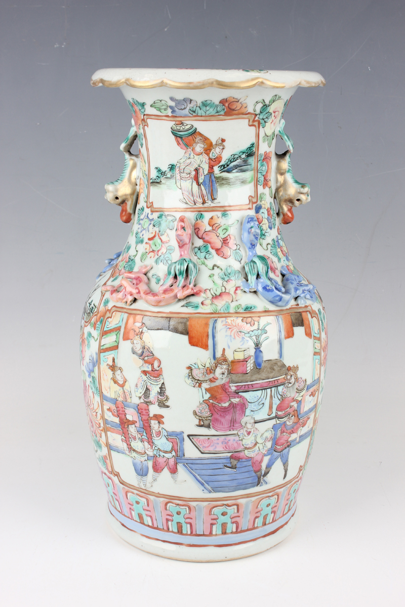 A Chinese Canton famille rose porcelain vase, mid to late 19th century, of shouldered baluster form,