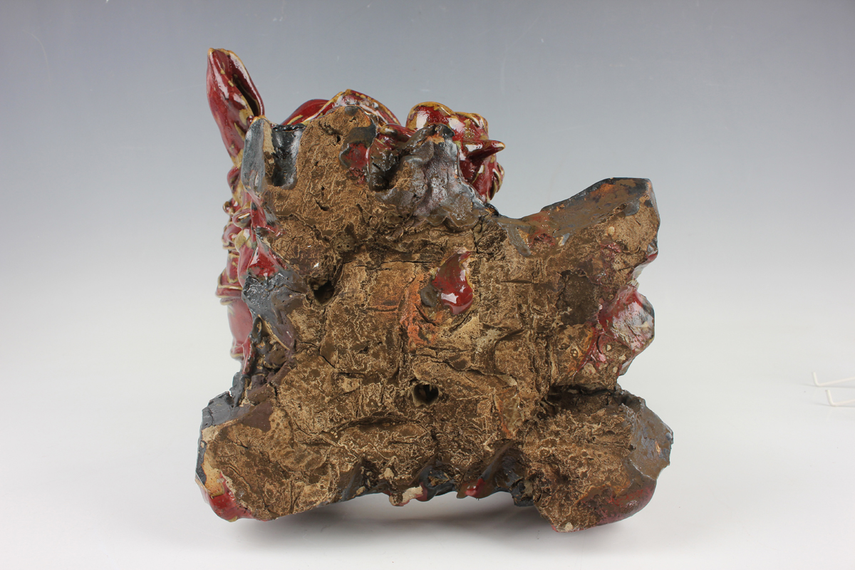 A Chinese Shiwan pottery sang-de-boeuf glazed figure group of a Buddhistic lion and playful cub, - Image 9 of 15